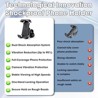 2026 Upgrade Motorcycle Phone Mount with 4-Point Vibration Damper, Anti-Shake Bike Phone Holder for Handlebar, Shockproof Bicycle Clip for iPhone 17 16 15 14 Pro Max, Samsung S25 S24, 4.7-7"