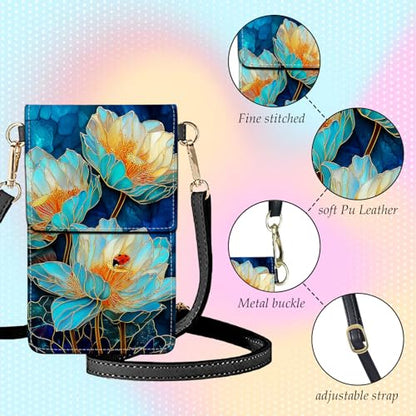Small Crossbody Bags for Women Touchscreen Cell Phone Bag Cross Body Purses with adjustable Strap,Gifts For Teenage Girls - color: Lotus Flower & Ladybug