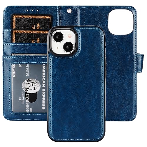 Bocasal Detachable Wallet Case Card Holder for iPhone 15, Blue | RFID Blocking Kickstand Card Slots Holder PU Leather Magnetic Shockproof Wrist Strap Removable Flip Protective Cover 6.1 inch - color: Blue