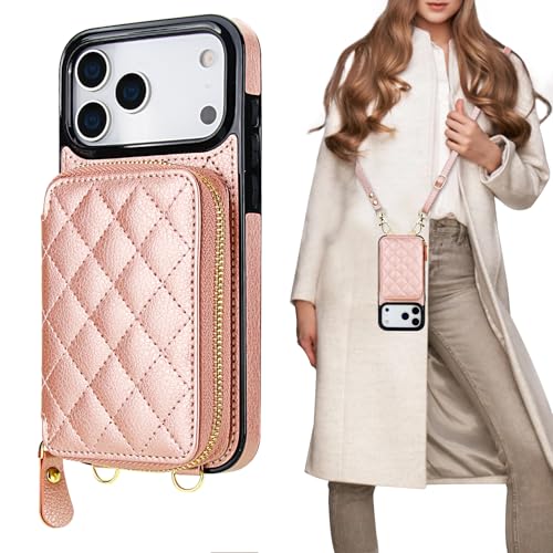 Bocasal Crossbody Wallet Case Card Holder for iPhone 17 Pro Max Rose Gold | RFID Blocking PU Leather Zipper Handbag Purse, Kickstand Flip Folio Case with Card Slots Holder Wrist Strap Lanyard 6.9 Inch - color: Rose Gold