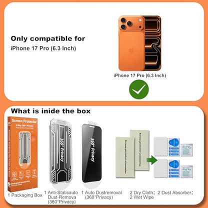360° 4 Way Privacy Screen Protector for iPhone 17 Pro [2 Pack], Anti-Spy Tempered Glass, 9H Hardness Shatterproof, 3D Curved Edges, Case-Friendly, Bubble-Free Easy Installation - size: for iPhone 17 Pro