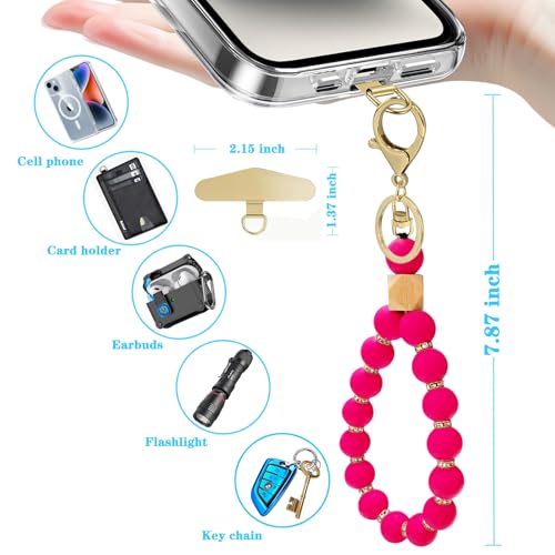 Silicone Beaded Phone Wrist Strap, Phone Bracelet Strap with Tether Tab Elastic Hands Free Wristlet Strap - color: Rose Red
