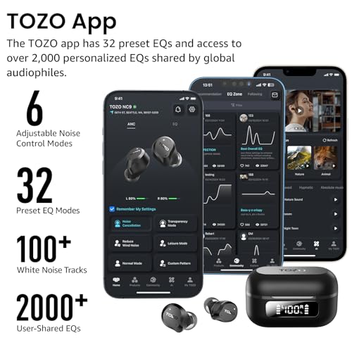 TOZO NC9 Hybrid Active Noise Cancelling Wireless Earbuds, 60H, LED Display - color: Dark Black
