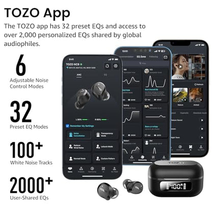 TOZO NC9 Hybrid Active Noise Cancelling Wireless Earbuds, 60H, LED Display - color: Dark Black