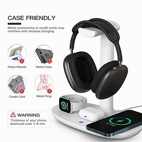 Headphone Stand with 15w Wireless Charger, Suguder 4 in 1 Charging Station Headset Holder for AirPods Max/Pro/4/3/2 iWatch 10/9/8/7/6/5/4/3/2/1/SE iPhone 17/16/15/14/13/12/11/X for Desktop Table Game - color: White