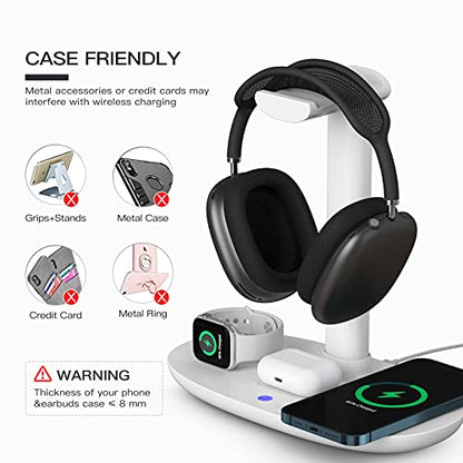 Headphone Stand with 15w Wireless Charger, Suguder 4 in 1 Charging Station Headset Holder for AirPods Max/Pro/4/3/2 iWatch 10/9/8/7/6/5/4/3/2/1/SE iPhone 17/16/15/14/13/12/11/X for Desktop Table Game - color: White