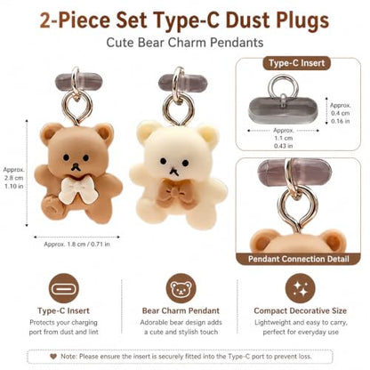 2Pcs USB C Dust Plug with Bear Pendant, Phone Charging Port Protector, Cute Cartoon Design