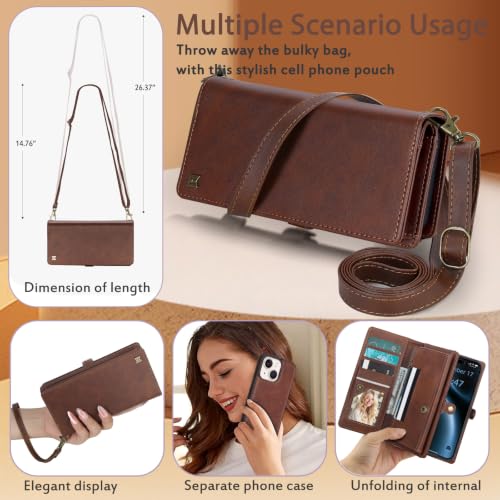 for Wallet Case Compatible with iPhone 15,Multi-Function Detachable 2 in 1 Magnetic iPhone 15 Wallet,Flip Strap Zipper Card Holder Phone Case with Shoulder Straps(Brown) - color: Brown, size: iPhone 15