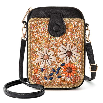 Women's Small Crossbody Cell Phone Bag, Boho Colorful Beaded Purse Wallet with Handmade Cute Patterns - color: Shell