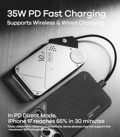 Aulumu M10 Magnetic Power Bank | 10,000mAh iWatch Portable Charger for MagSafe | Built-in Retractable Cables | Flight-Approved for Travel, iPhone 17/16 Series, MacBook, Samsung, Apple Watch, and More