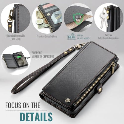 Defencase for Samsung Galaxy S24 Ultra Wallet Case with Card Holder, Black | Durable PU Leather, with RFID Blocking Zipper Pocket, Wrist Strap, S24 Ultra Flip Phone Cases Cover with Stand for Women Men - color: Black