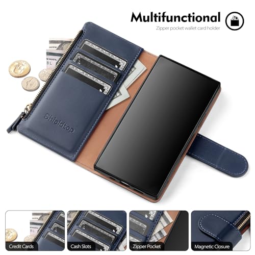 Shieldtop Compatible with Samsung Galaxy S23 Ultra 5G Wallet Case with Card Holder,Women Men RFID Blocking PU Leather Phone Case Flip Protective Cover Wrist Strap Zipper Credit Card Slots,Blue - color: Blue, size: Galaxy S23 Ultra - 6.8"