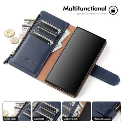 Shieldtop Compatible with Samsung Galaxy S23 Ultra 5G Wallet Case with Card Holder,Women Men RFID Blocking PU Leather Phone Case Flip Protective Cover Wrist Strap Zipper Credit Card Slots,Blue - color: Blue, size: Galaxy S23 Ultra - 6.8"