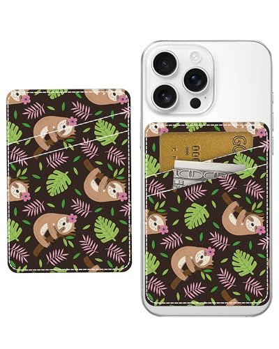 Phone Card Holder, Dual Pocket Leather Phone Wallet Adhesive Stick On, Cute Card Holder, Credit Card Holder for Phone Case Smiling Sloth - color: Smiling Sloth