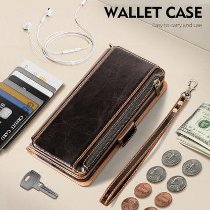 Antsturdy for iPhone 16 Pro Max Phone Wallet Case Women,Coffee | RFID Blocking,with Credit Card Holder Slots,PU Leather Purse,Zipper Pocket,Wrist Strap Kickstand,Flip Folio Cover for Men - color: Coffee