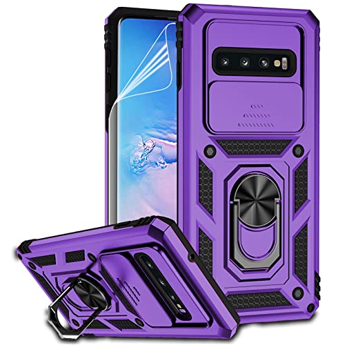 for Samsung Galaxy S10 Plus Case with Camera Lens Cover HD Screen Protector, Military-Grade Drop Tested Magnetic Ring Holder Kickstand Protective Phone Case for Samsung Galaxy S10+ Plus (Purple) - color: Purple with camera cover Military-Grade 2nd gen