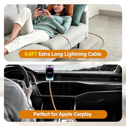 6.6FT Chew Proof USB to Lightning Cable, Pet Proof iPhone Charging Cord, MFi Certified Fast Charging Lightning Cable, Metal Braided iPhone Charger Cable for iPhone 14/13/12/11/XS/XR, Orange