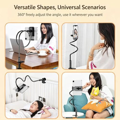 2-in-1 Gooseneck Phone & Tablet Holder for Bed, Flexible Clamp Mount & Overhead Stand for Desk & Headboard, Compatible with iPhone 17/16/15/14 and 4–10.6" Devices (Black) - color: Black