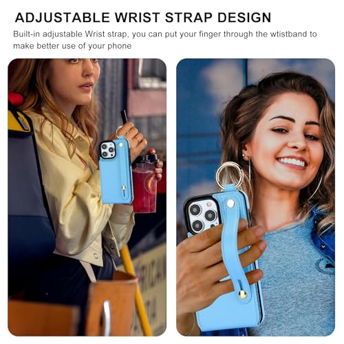 Folosu for iPhone 15 Pro Max Wallet Case with Card Holder, Hand Wrist Strap Loop Holder Kickstand, RFID Blocking Finger Grip Ring PU Leather Double Buttons Shockproof Cover 6.7" Blue - color: Blue