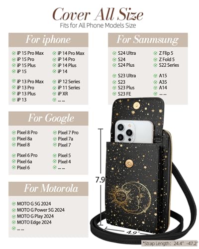 Miss Adola Phone Purse for Women Leather Crossbody Bag | Large Phone Pocket, Magnetic Snap, Zipper Pocket, 4 Card Slots, Adjustable Shoulder Strap, Leather Small Purse for Daily Use - color: Black Sun Moon