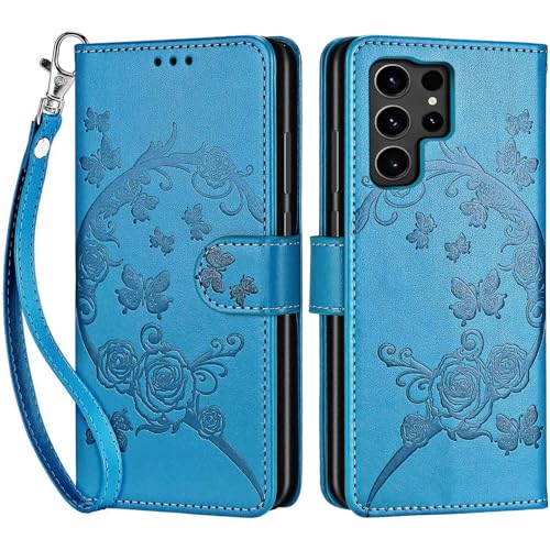 for Samsung Galaxy S24 Ultra Wallet case, Blue-Flower | 3 Card Holders, Kickstand, Shockproof TPU Shell, PU Leather, Magnetic Closure, Protective Flip Folio Cover, Women - color: 7
