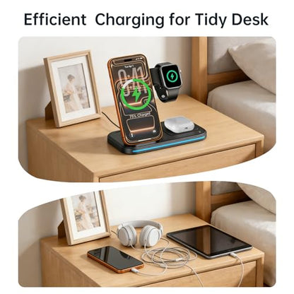 [Qi] 3 in 1 Charging Station for iPhone, 21W Wireless Charging Station, Stand Multiple Devices for Apple, for iPhone 17 16 15 14-8 Pro Max, Watch, AirPods 4 3 Pro, Nightstand, Desk, Trip, Gift