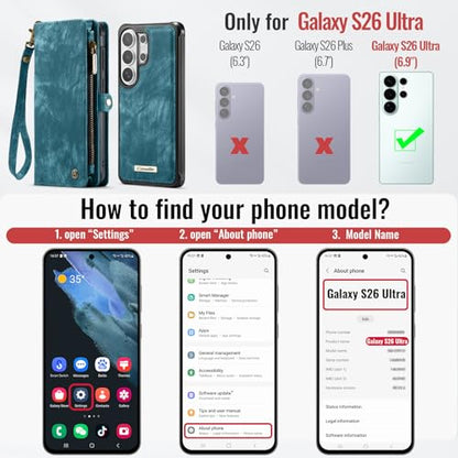 Compatible with Samsung Galaxy S26 Ultra Wallet Case with Magsafe with Zipper & Card Holder Strap Wristlet Detachable Magnetic Protective Back Case for Galaxy S26 Ultra 5G 6.9 Inch (Blue) - color: (Detachable and Magsafe)-Blue, size: S26 Ultra 6.9 Inch