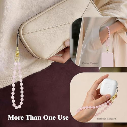 SURPHY Natural Stone Phone Charm, Beaded Phone Wrist Strap with Tether Tab - color: Rose Quartz