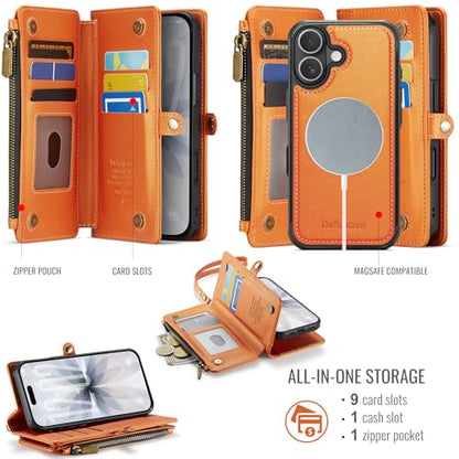 Defencase for iPhone 17 Phone Case Wallet Compatible with Magsafe, Orange | Magnetic Detachable, Drop-Proof Protective Wallet Cases Cover, with RFID Bolcking Card Holder, Zipper Strap, Soft PU Leather - color: (Detachable with Magsafe)-Orange