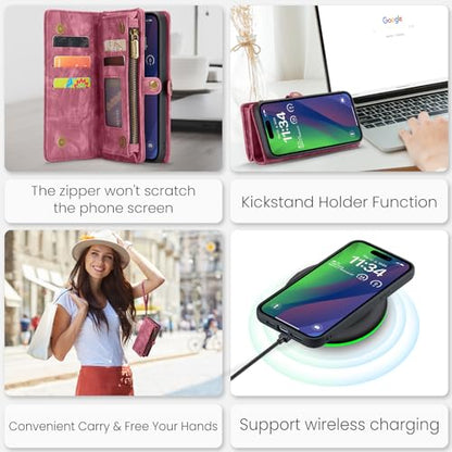 Compatible with iPhone 15 Plus Wallet Case with Magsafe,Red | Magnetic Detachable Case,Card Holder,Zipper Pocket,Strap Wristlet, Soft Leather Drop-Proof Phone Case for iPhone 15 Plus 6.7" - color: Red, size: iPhone 15 Plus 6.7"