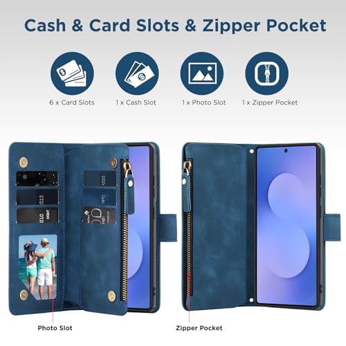 for Samsung Galaxy S25-FE-Wallet Case: with RFID Blocking Card Slots (6 Cards) | Soft PU Leather Magnetic Snap Zipper Pocket | Crossbody Wrist Strap Protective Phone Cover - Blue - color: Blue, size: Galaxy S25 FE（6.7‘’）