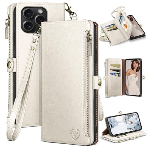 XcaseBar Compatible with iPhone 16 Pro 6.3" Wallet case with Zipper Credit Card Holder【RFID Blocking】,Flip Folio Book PU Leather Phone case Shockproof Cover Men Women for Apple 16 Pro case White - color: White