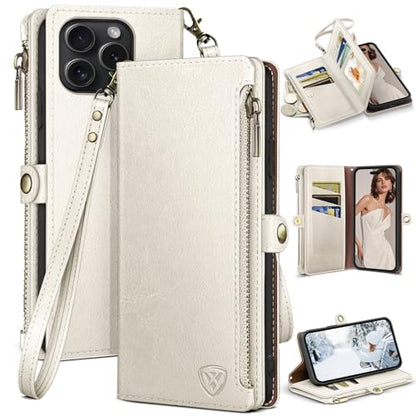 XcaseBar Compatible with iPhone 16 Pro 6.3" Wallet case with Zipper Credit Card Holder【RFID Blocking】,Flip Folio Book PU Leather Phone case Shockproof Cover Men Women for Apple 16 Pro case White - color: White
