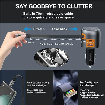 60W Retractable Car Charger, 3-Port USB-C Fast Charging Adapter - color: Orange