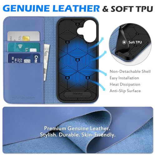 SHIELDON Real Leather Case Wallet for iPhone 17 6.3" 2025, Wisteria Purple | Magnetic Closure, RFID Blocking, Credit Card Slot, Kickstand, Flip Book Design, Soft Shockproof Phone Cover - color: Wisteria Purple