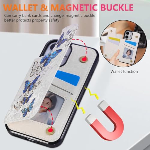 UEEBAI Wallet Case for iPhone 17 with Card Holders, PU Leather Floral Cover Kickstand RFID Blocking Double Magnetic Clasp Rilievo Flower Flip Case for Women Girls - Blue Butterfly | PU Leather Cover, Kickstand, RFID Blocking, Double Magnetic Clasp, Riliev