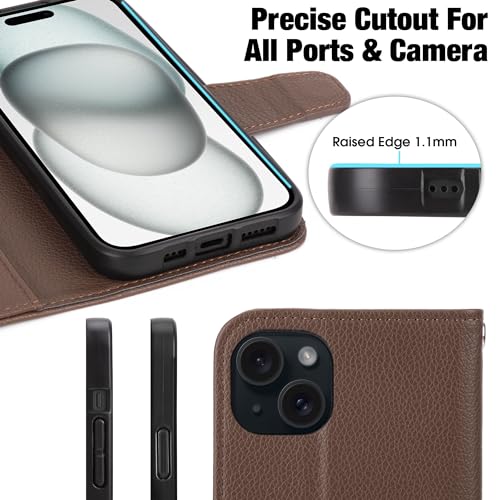Arae Compatible with iPhone 15 Plus Case with Card Holder and Wrist Strap Wallet Flip Cover for iPhone 15 Plus 6.7 inch Men RFID Blocking Wristlet Kickstand,Litchi Brown - color: Litchi Brown, size: iPhone 15 Plus 6.7 inch