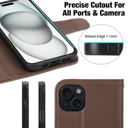 Arae Compatible with iPhone 15 Plus Case with Card Holder and Wrist Strap Wallet Flip Cover for iPhone 15 Plus 6.7 inch Men RFID Blocking Wristlet Kickstand,Litchi Brown - color: Litchi Brown, size: iPhone 15 Plus 6.7 inch