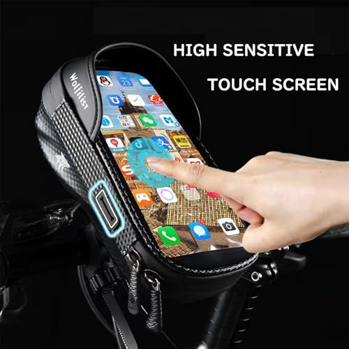 WOLFILIST Waterproof Bike Phone Mount - Touch Screen Holder for 7'' Phones, 360° Rotation & Shockproof Handlebar Bag - Ideal for Cycling, Motorcycle, Electric Bike Accessories (BLACK)