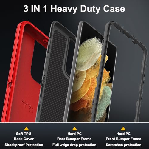 for Samsung Galaxy S21 Ultra Case with 2Pcs Self Healing Flexible TPU Screen Protector & Camera Lens Protector, 3 in 1 Heavy Duty Shockproof/Drop Proof/Dust Proof Case (Red/Black) - color: Red/Black