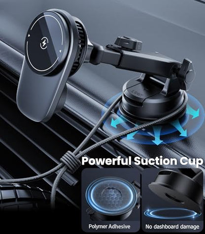 Wireless Magnetic Car Phone Holder Mount with Cooling Fan & RGB Lights, 15W Fast Charging Auto-Rotate Suction Cup Charger for iPhone 17/16/15/14/13 S25 Samsung, Car Dashboard/Windshield Mount - size: Suction cup