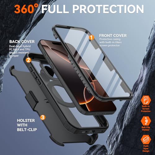 Upgraded 360° Spin Magnetic Invisible Ring Stand Case for iPhone 16 Pro Max 6.9",Compatible with MagSafe, Full Body Rugged Case with Built-in Screen Protector & Kickstand & Belt-Clip (Black) - color: Black