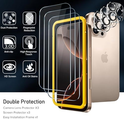 ivoler 3+3 Pack Tempered Glass for iPhone 16 Pro Max 6.9" Screen Protector with Camera Lens Protector with [Alignment Frame], Anti-Scratch Case Friendly Transparent HD Clear Film - size: iPhone 16 Pro Max 6.9''
