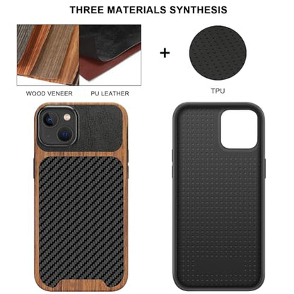 TENDLIN Compatible with iPhone 15 Case Wood Grain with Carbon Fiber Texture Design Leather Hybrid Slim Case (Black) - color: Black, size: iPhone 15