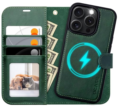 OCASE for iPhone 16 Pro Case Detachable Wallet Case with Card Holder, 2 in 1 Pu Leather Flip Folio with RFID Blocking Stand Wrist Strap Shockproof Phone Cover 6.3 Inch 2024, Blackish Green | Removable magnetic case, with hand strap, wireless charging, car