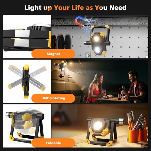 2-Pack 2500LM 3-in-1 Magnetic Rechargeable LED Work Light with Flashlight