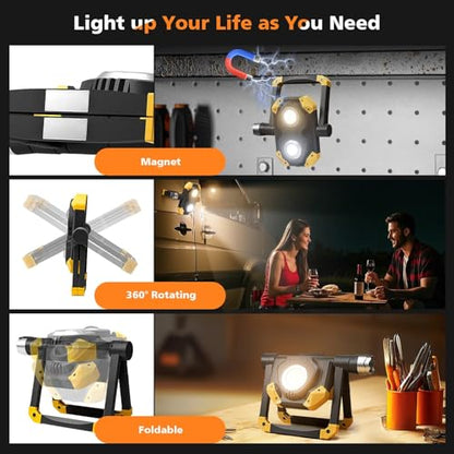 2-Pack 2500LM 3-in-1 Magnetic Rechargeable LED Work Light with Flashlight