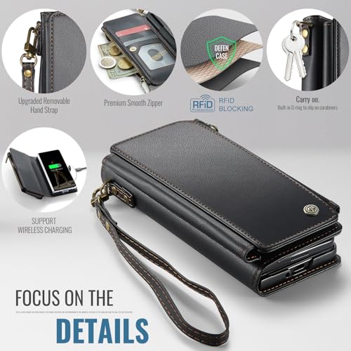 Defencase for Samsung Galaxy Z Fold 6 Wallet Case with Card Holder, Black | Durable Soft PU Leather, RFID Blcking Zipper Pocket, with S-Pen Holder & Strap, Flip Phone Cases with Stand for Women Men - color: Black