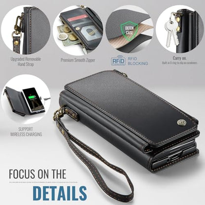 Defencase for Samsung Galaxy Z Fold 6 Wallet Case with Card Holder, Black | Durable Soft PU Leather, RFID Blcking Zipper Pocket, with S-Pen Holder & Strap, Flip Phone Cases with Stand for Women Men - color: Black