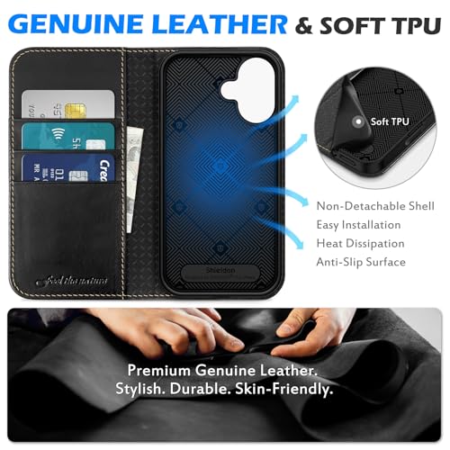 SHIELDON Genuine Leather Wallet Case for iPhone 16 6.1" 2024, Retro Black | Magnetic Closure, RFID Blocking, Credit Card Holder, Kickstand, Folio Design, Shockproof Phone Cover for Men Women - color: Retro Black